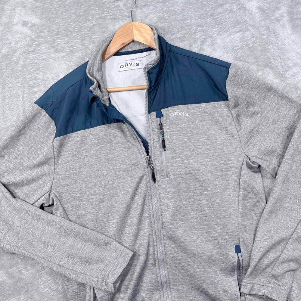 Orvis Full Zip Jacket Mens Medium Grey Navy Blue Shoulder Overlay Mock Neck